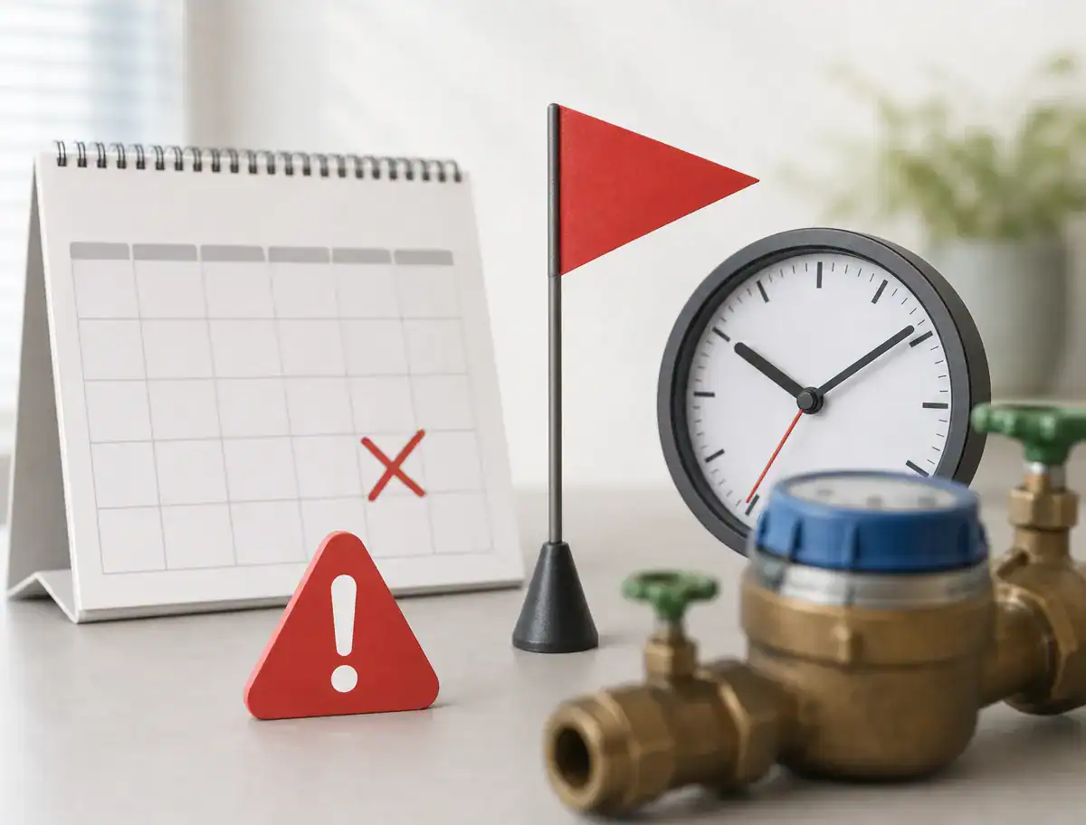 A calendar with a red X, a clock, a red flag, a warning sign, and plumbing valves are arranged on a table, suggesting a reminder or warning about plumbing maintenance or a water-related deadline.