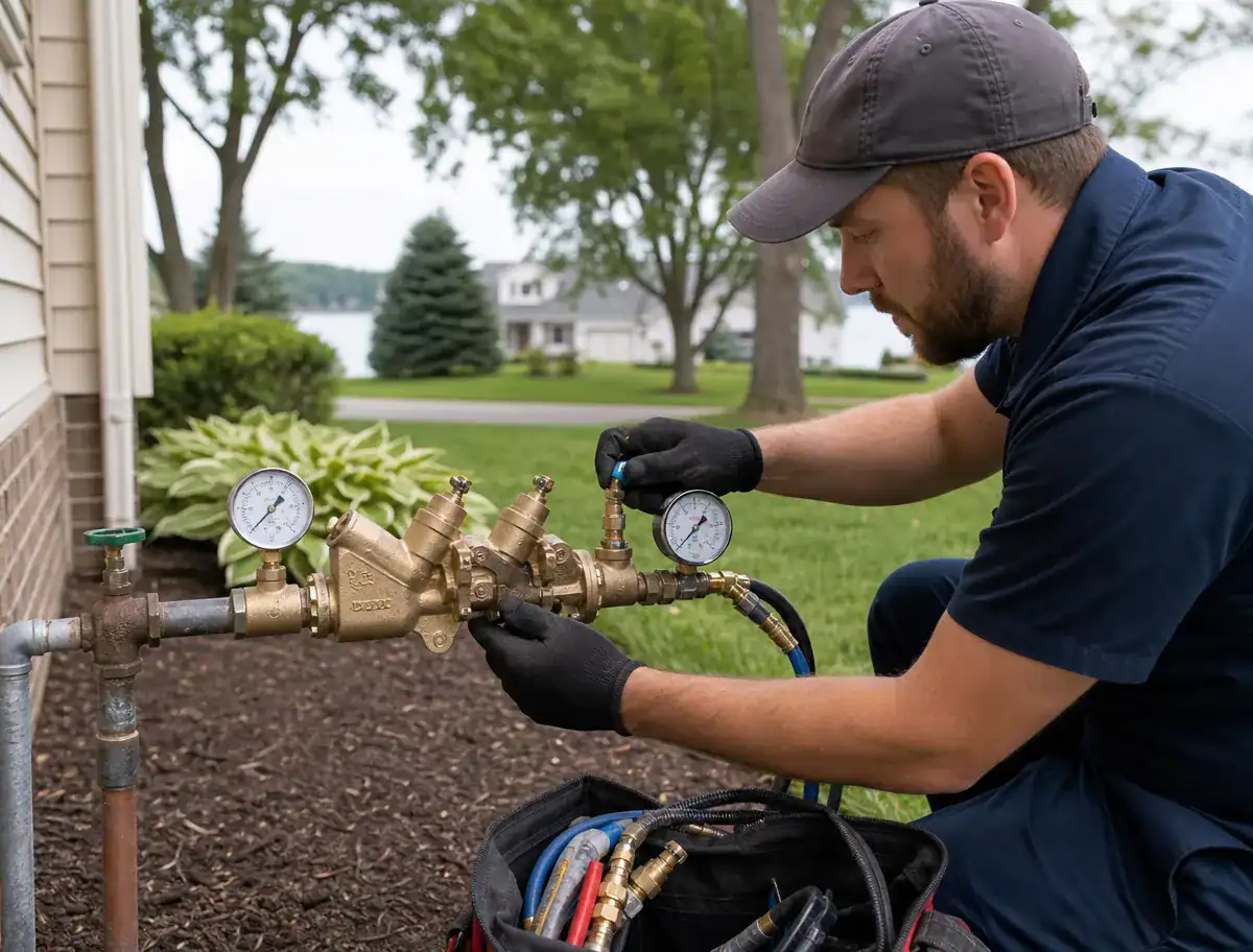 A technician wearing gloves adjusts a brass water pressure valve with gauges outside a house, using tools from a bag, with grass, trees, and a lake in the background.