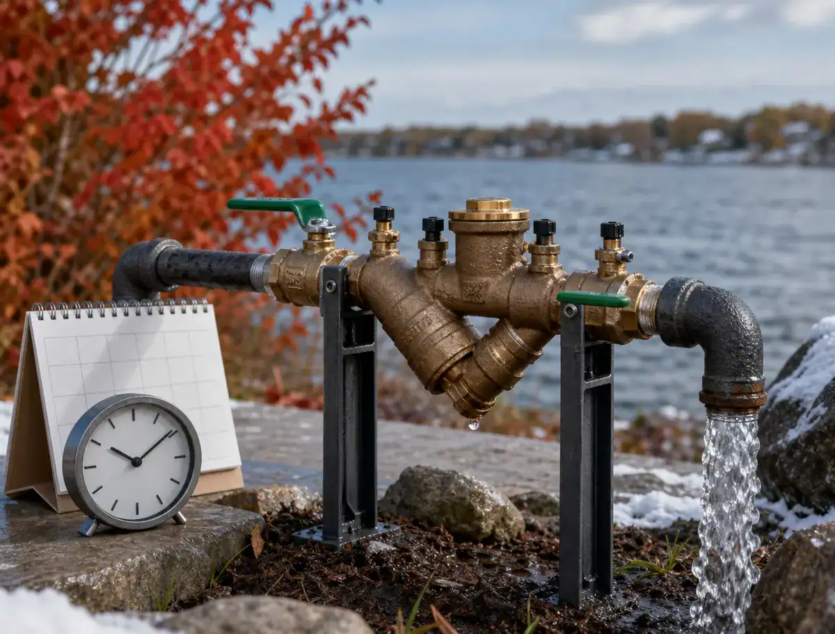 A backflow preventer by a river with water flowing, flanked by rocks, a desk clock, and a blank calendar. Autumn trees and snow patches are in the background.