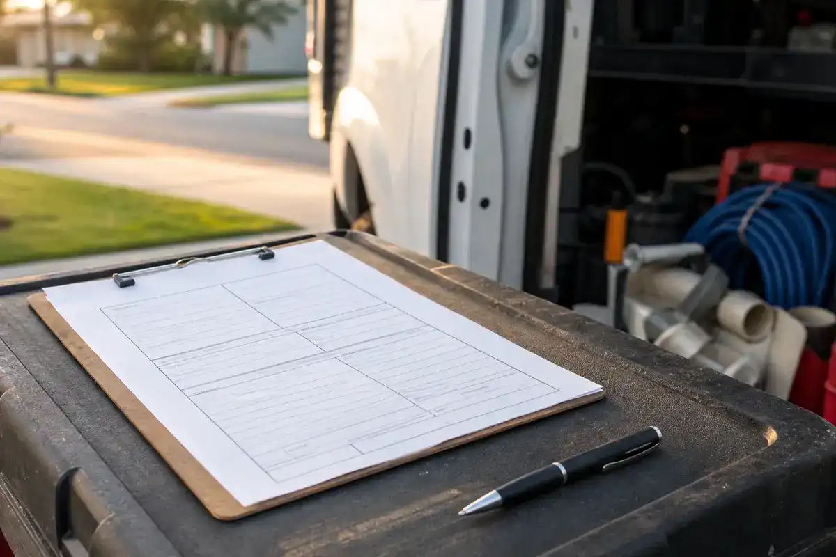A clipboard with a blank form and a pen sits on a toolbox near a work van filled with equipment, parked on a suburban street in the early morning sunlight.