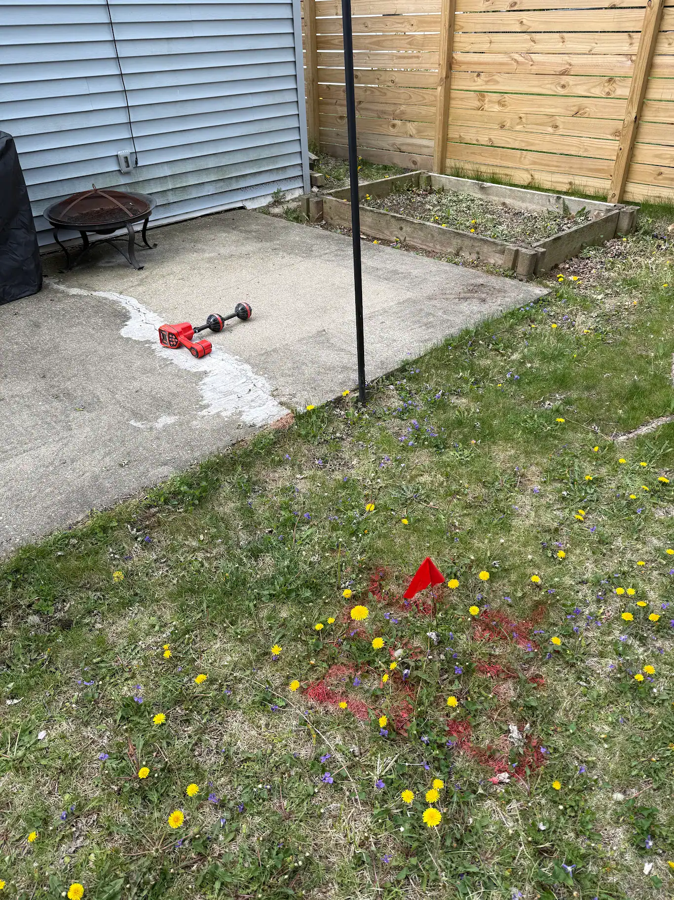 Utility locate marks painted across a residential back yard before sewer excavation, marking the buried service clearances