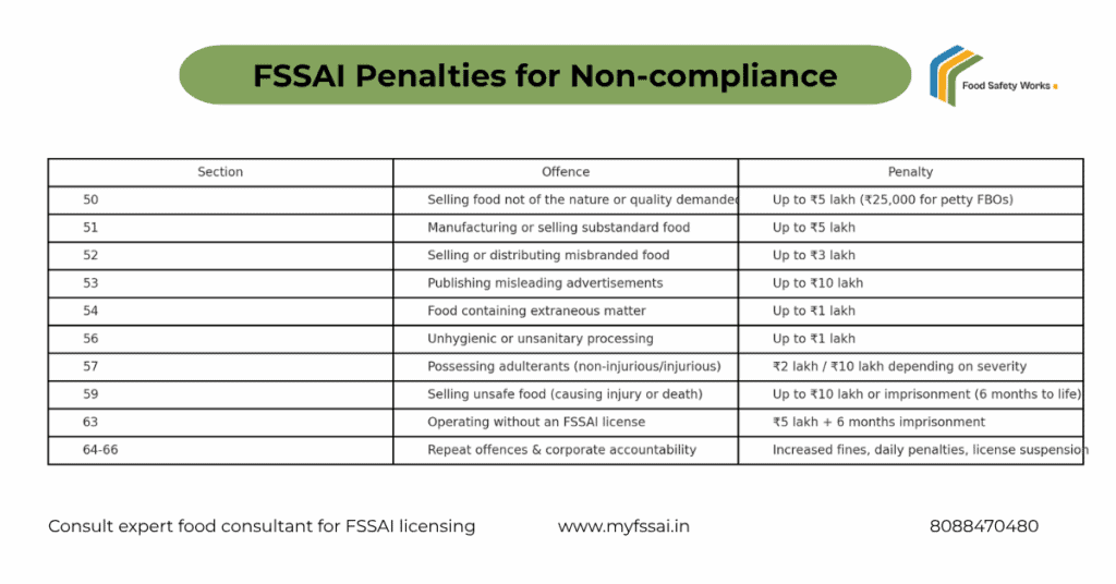 FSSAI penalties for non-compliance chart India 2025