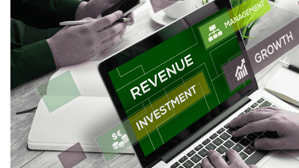 Business analytics dashboard showing revenue, investment, and growth metrics on a laptop screen.