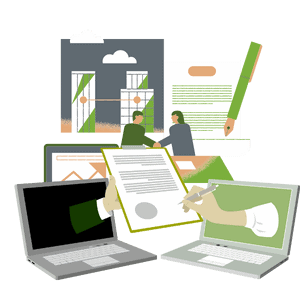 Revify Analytics - Pricing and Revenue Growth Management Experts 5 Illustration of data analysis and reporting with charts, documents, and laptops.