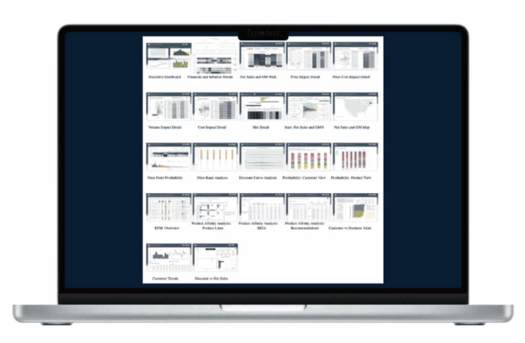 Business analytics dashboard with charts and graphs for pricing strategies.
