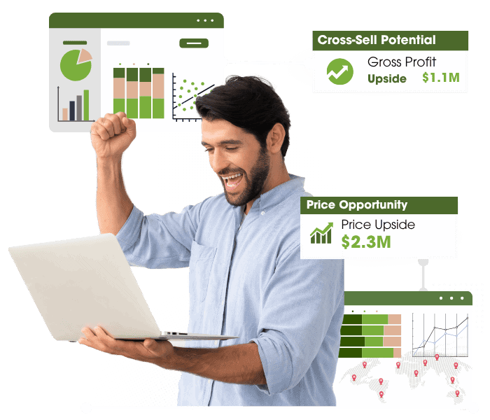 Business analytics dashboard showing revenue growth and pricing insights.