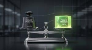 Balance scale comparing sales volume and profit margin for business analysis.