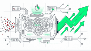 Digital analytics dashboard with gears and upward trending arrows for data growth.