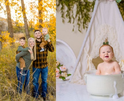 Family outdoor fall portrait with children and parents in a forest setting during autumn.