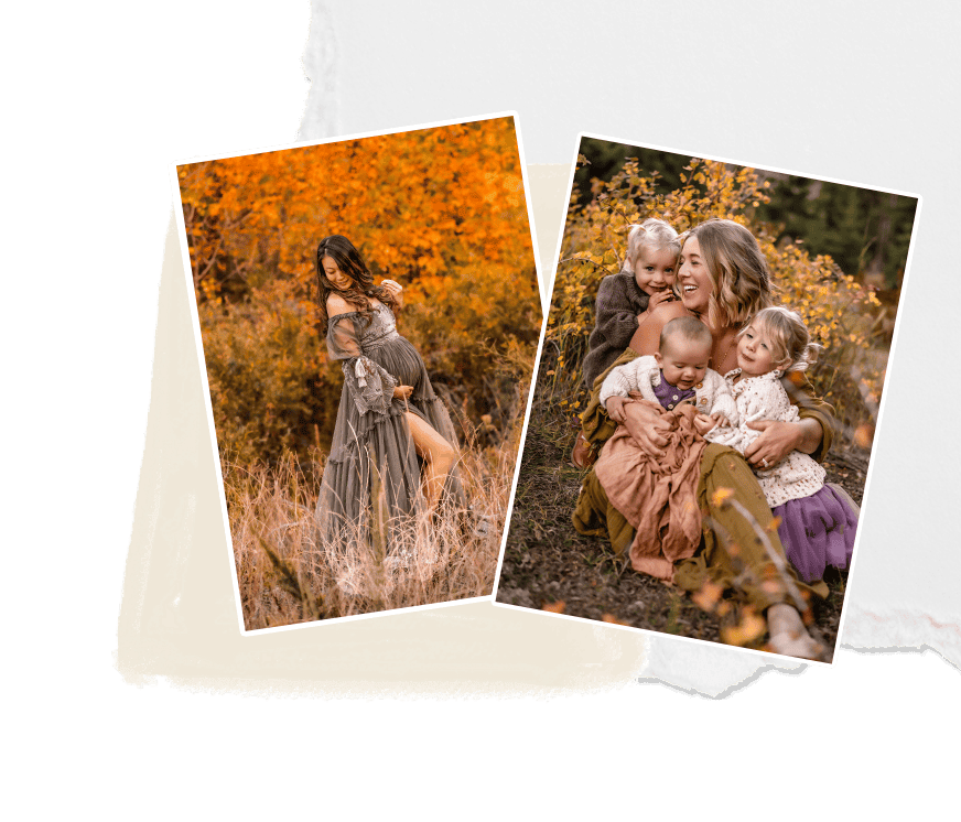 Natural fall family portrait photography in autumn with children and pregnant woman.