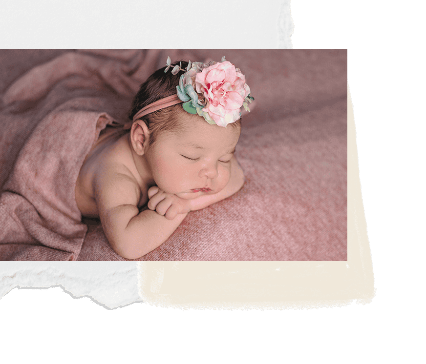 Soft baby girl sleeping with floral headband on pink blanket, newborn photography, infant portrait, newborn photographer, My Roots Photography Co.