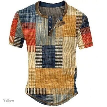 Men's Graphic Plaid Color Block Waffle Henley Shirt – Short Sleeve Casual Wear