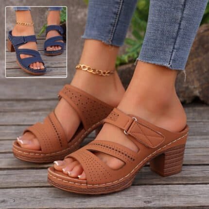 Women's Square-Heeled Peep-Toe Slides – Summer Chunky Heel Sandals & Casual Slippers