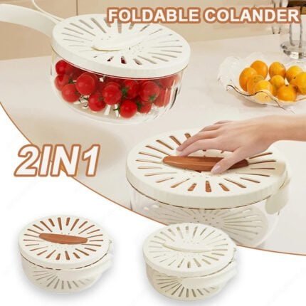 Foldable Fruit Drain Basket with Lid – Vegetable Washing Bowl & Plastic Colander for Kitchen Storage