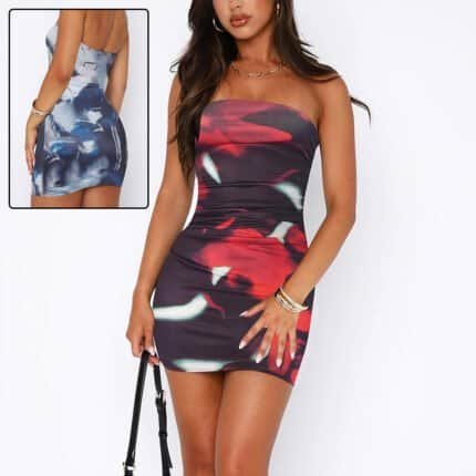 Women's Tube Top Printed Pleated Dress – Pullover Style, Hip Wrap, Short Dress