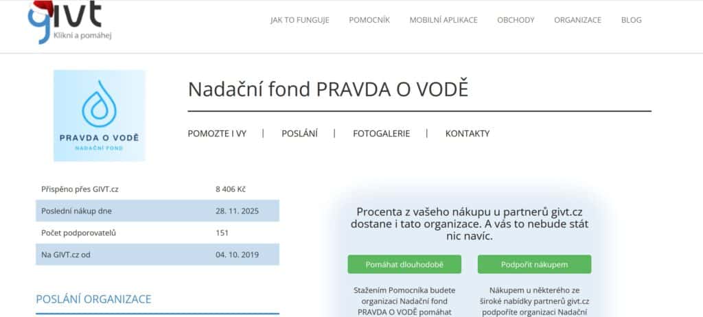 Podpora ochrany vody, ekologické projekty, Nadační fond Pravda o vodě, péče o vodní zdroje, environmentální pomoc, udržitelný rozvoj, ekologická nezisková organizace, ČR.