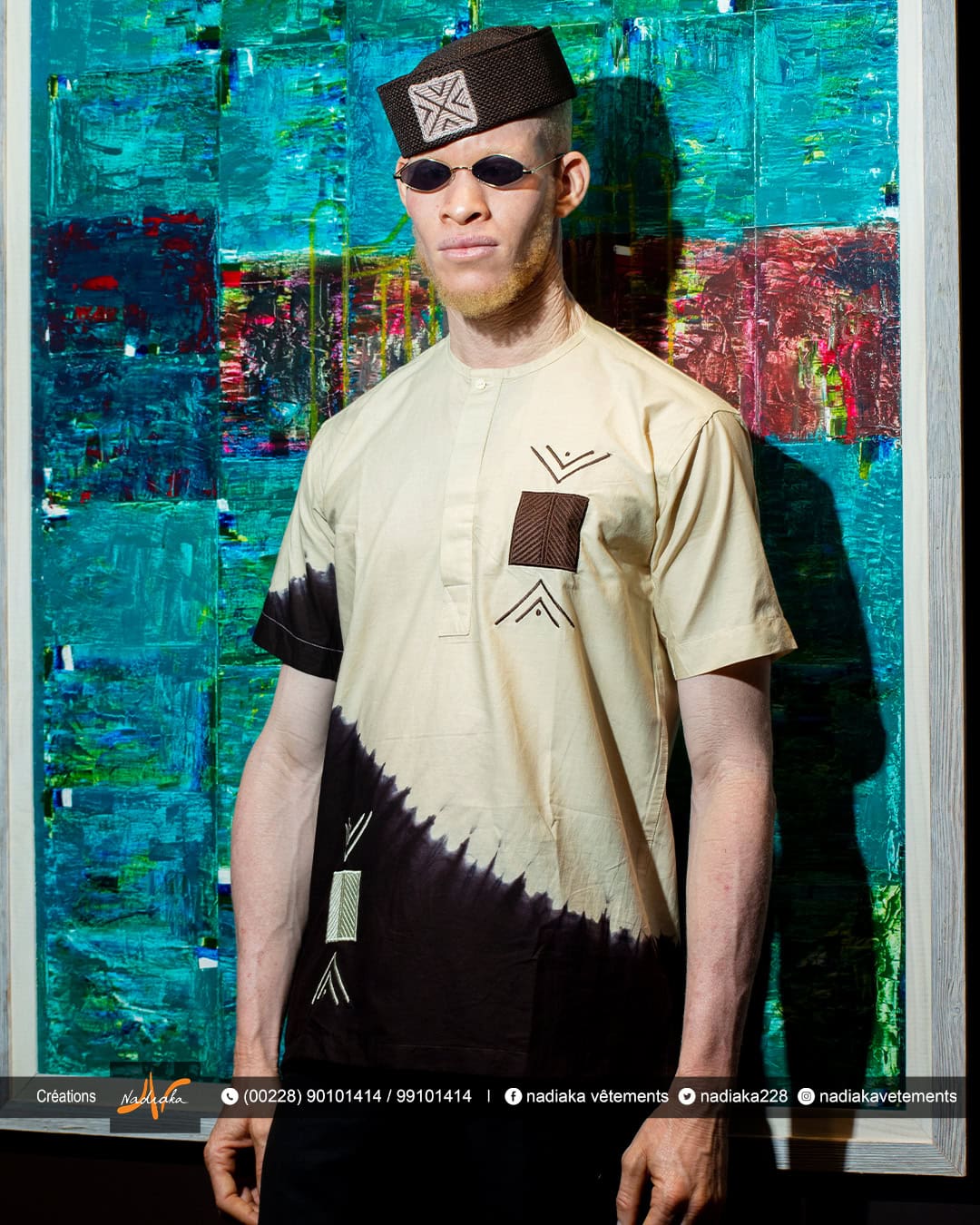 Chemise manches courtes, en tissu coton batik beige marron