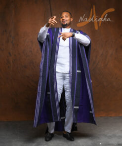 Ensemble 3 pièces: ensemble lin blanc et super cape agbara en pagne tissé Faso danfani