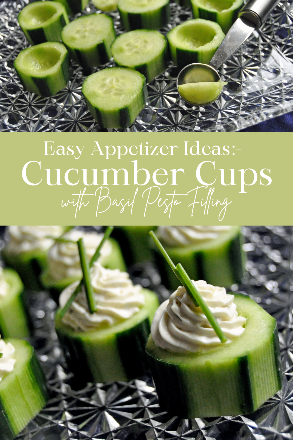 pinterest graphic for cucumber appetizers with a creamy pesto filling