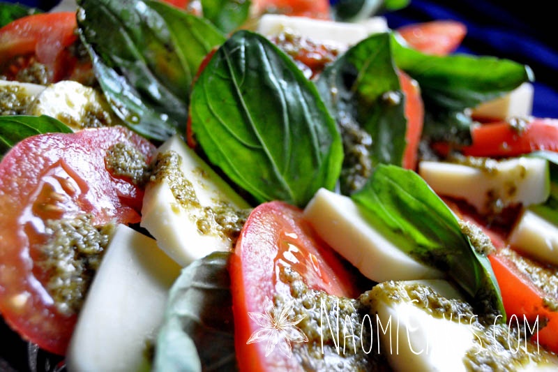 tomatoes, pesto, fresh basil, and mozzerella