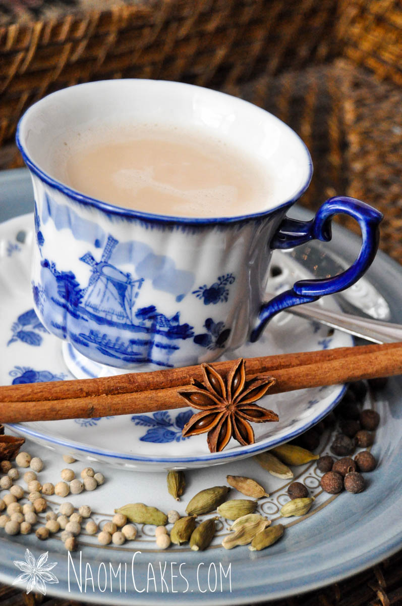 Holland windmill blue and white china tea cup of chai tea with cinnamon stick and star anise