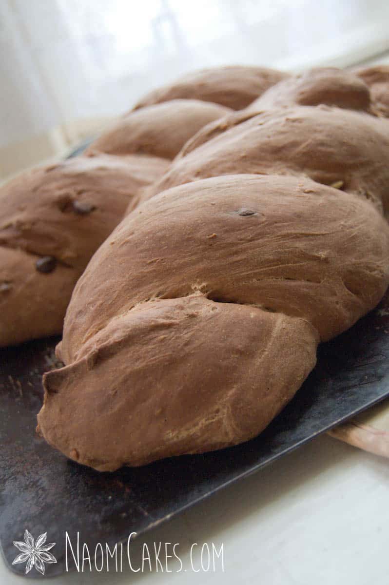 a fresh baked pan of 2 loaves of chocolate yeast bread