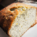orange poppyseed pound cake loaf, cut in half