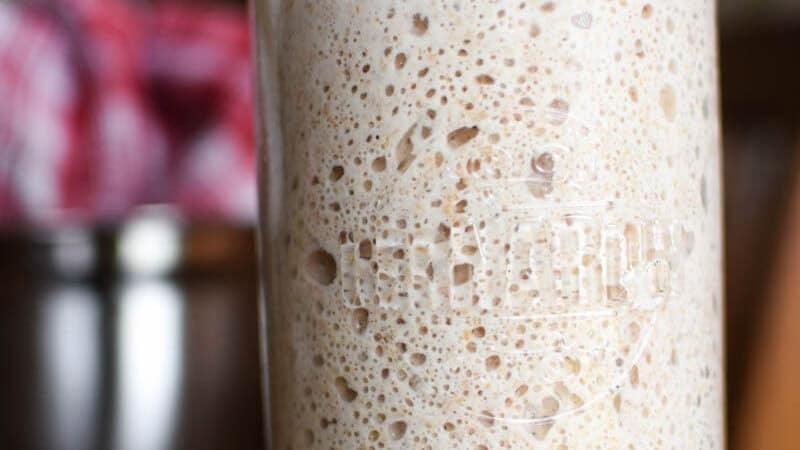 close up of a jar of whole wheat sourdough starter on a wooden table with bowls and tea towels in the background