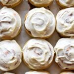 12 frosted cinnamon rolls overhead view