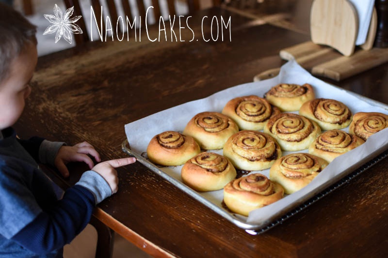 little boy pointing to a pan of freshly baked cinnamon rolls at the dining room table
