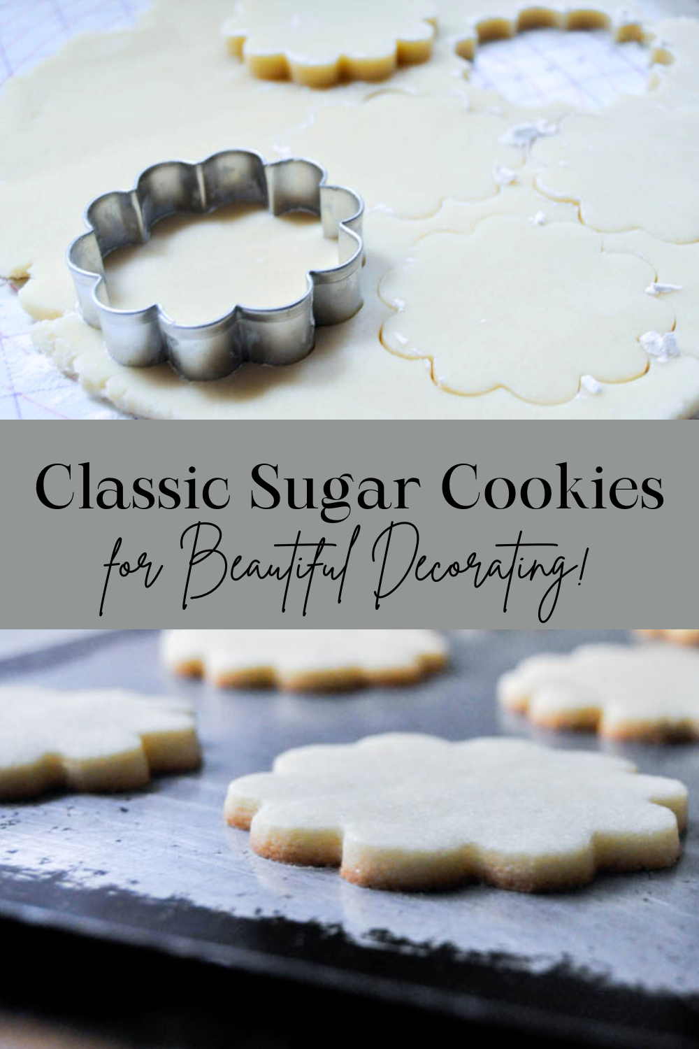 two images; cutting sugar cookies out of dough with a flower cutter and then post-baking flower cookie