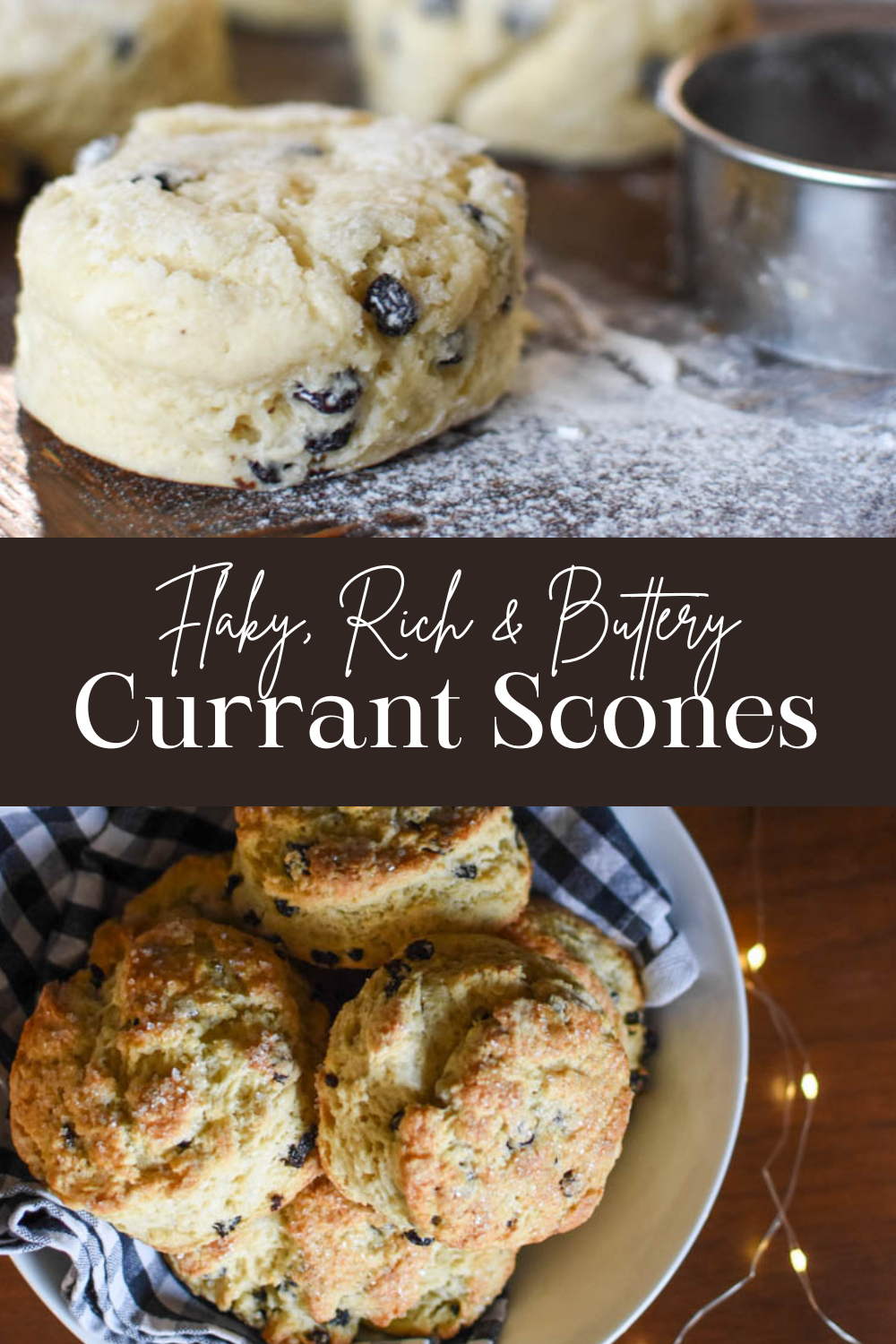 Before and after baking currant scones with text recipe title and description 