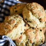 close up of round shaped currant scones