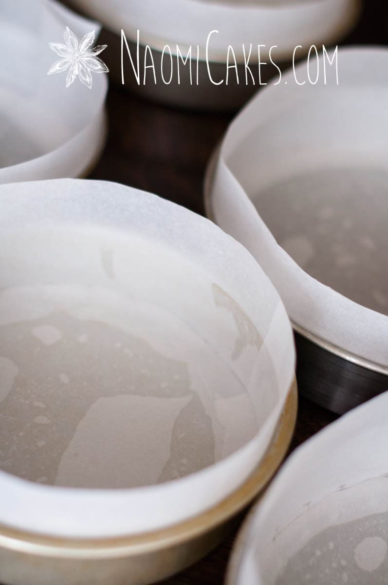 pans lined with parchment paper for making cakes