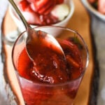 clear glass of strawberry sauce