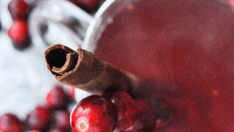 overhead view of cranberry apple cider with cranberries and an expanded cinnamon stick