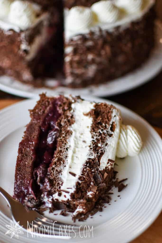 a close up slice of authentic black forest cake