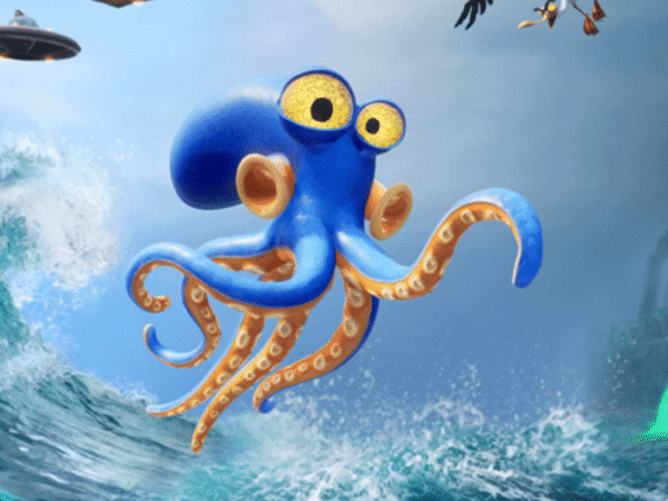 Pulpo azul caricaturesco en el mar con drones y aves volando.