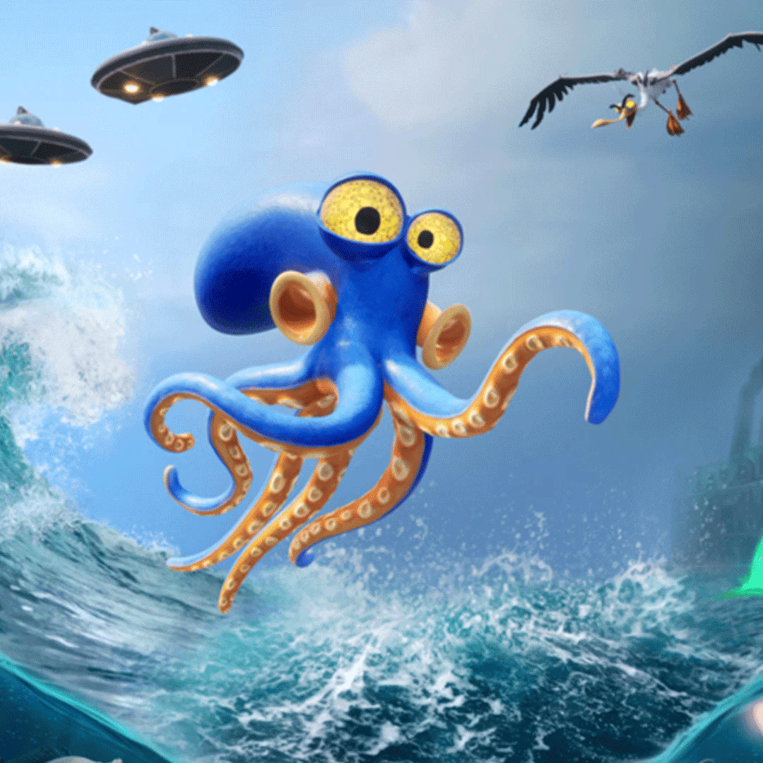 Pulpo azul caricaturesco en el mar con drones y aves volando.