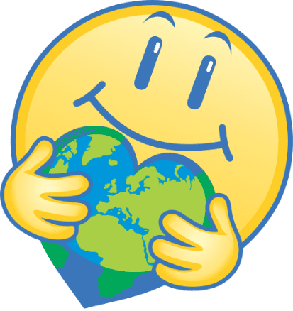 A yellow smiley face hugs a heart-shaped Earth, showing the continents. The smiley has blue eyes and a big smile, conveying love and care for the planet.