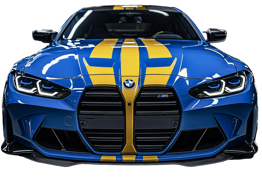 Front view of a blue BMW sports car with gold racing stripes running over the hood and roof, featuring a prominent grille and sleek LED headlights.