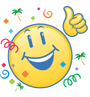 A cheerful yellow smiley face gives a thumbs-up, surrounded by colorful confetti, streamers, and small palm trees, creating a festive and celebratory atmosphere.