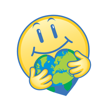 A smiling yellow emoji face hugs a heart-shaped Earth, symbolizing love and care for the planet.