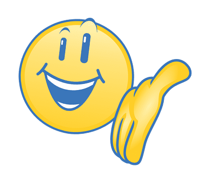 Smiling yellow emoji with raised eyebrows, wide eyes, and an open mouth, appearing to wave or present with one hand extended forward.