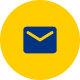 A blue envelope icon with a yellow flap is centered on a bright yellow circular background.