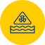 A yellow circle with a blue outline of a biohazard warning sign above wavy lines, indicating hazardous or contaminated water.