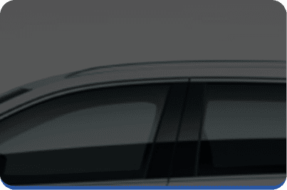 A cropped, partial view of a dark-colored car, focusing on the roof, windows, and upper part of the doors, against a plain gray background.