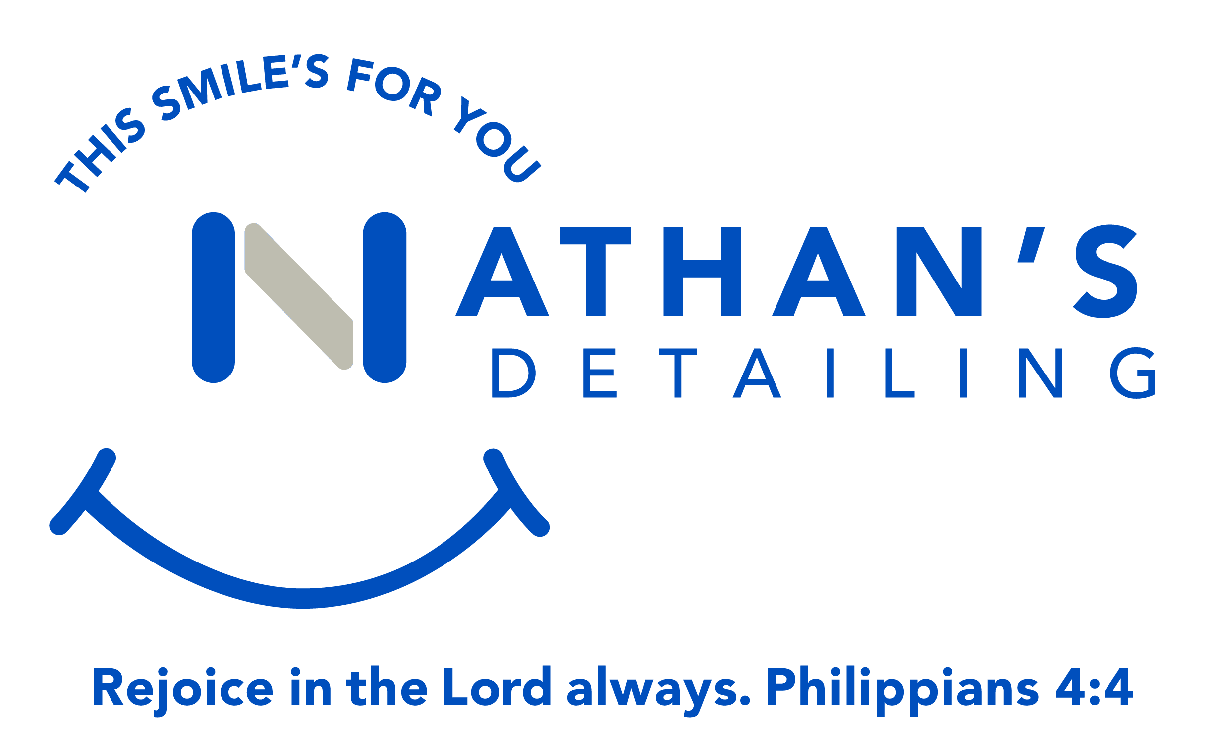 Logo for Nathan’s Detailing with a stylized letter N, a blue smiley face, and the text “THIS SMILE’S FOR YOU.” At the bottom, it reads “Rejoice in the Lord always. Philippians 4:4.”.