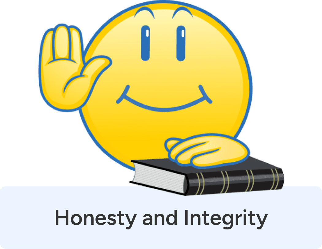 A smiling yellow emoji raises its right hand as if taking an oath and rests its left hand on a closed book. Below, the text reads: Honesty and Integrity.