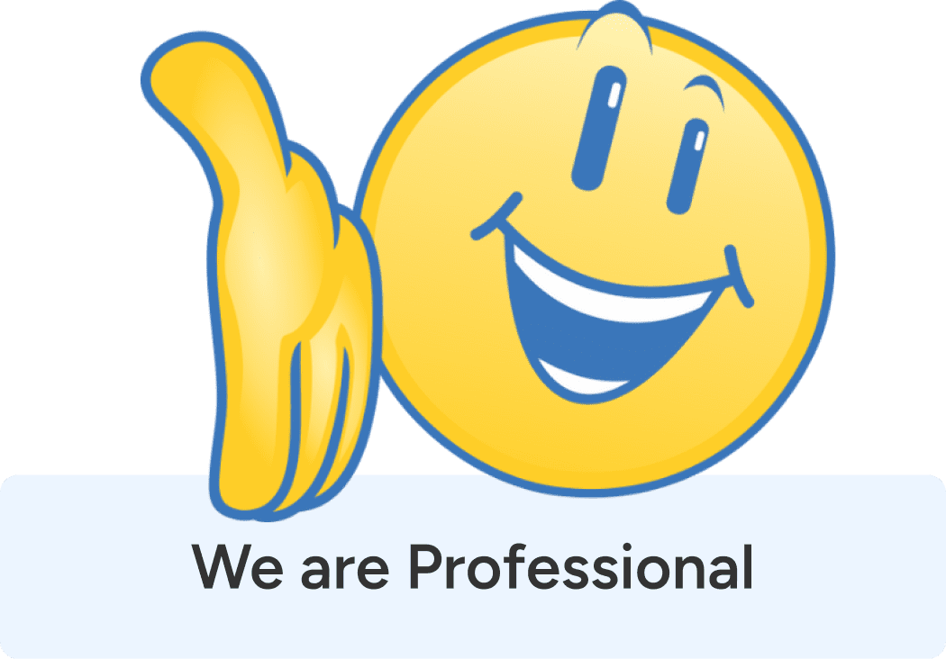 A yellow smiley face cartoon gives a thumbs up and smiles widely. Below the emoji, the text reads We are Professional in bold letters.